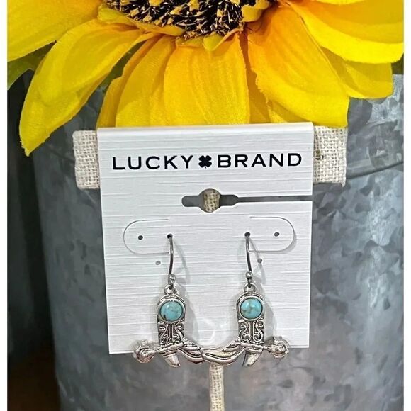 NWT Lucky Brand Silver & Turquoise Cowboy Boot Drop Earrings #LBER2 - Picture 7 of 7